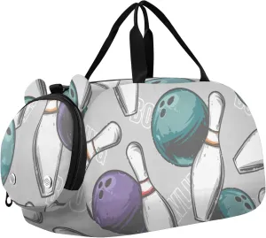Pins and Bowling Balls Sports Duffle Bag for Girls Boys Kids, Gym Bag with Shoe Compartment, Kids Travel Overnight Weekender Shoulder Bag