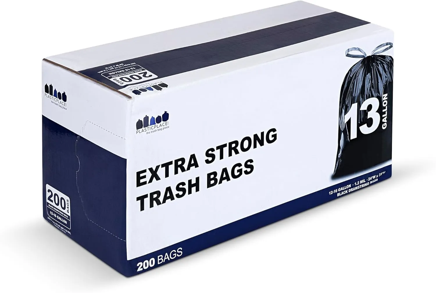Plasticplace 13 gallon Extra Tall Drawstring Kitchen Trash Bags | Black 1.2 Mil, 24"W x 31"H,200 Count (Pack of 1)