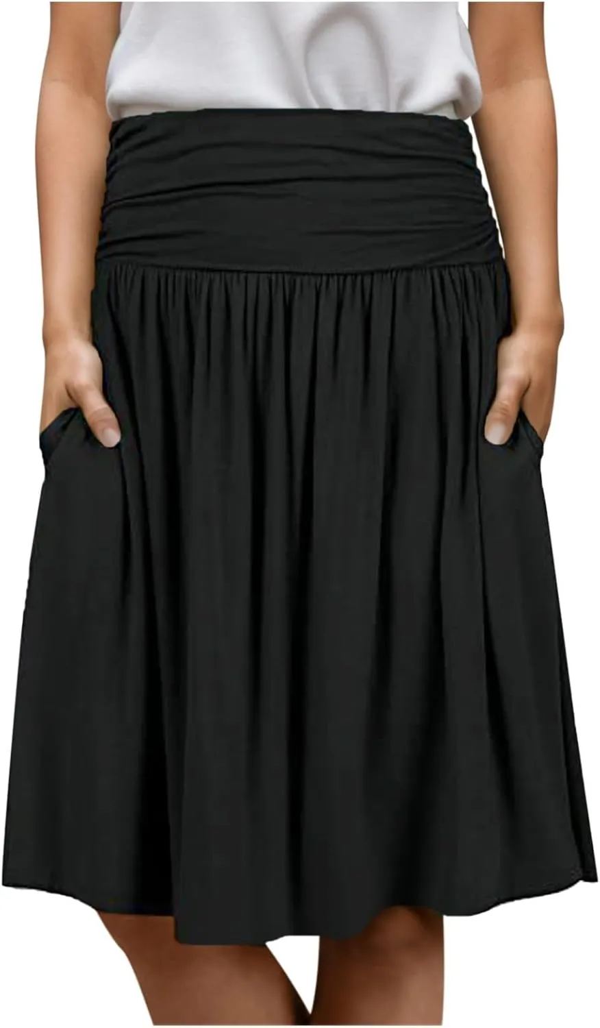 Pleated Midi Skirts for Women 2025 Summer High Waisted Solid Color Flowy A-Line Skirt with Pockets