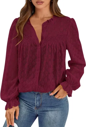 PRETTYGARDEN Lace Long Sleeve Tops for Women Eyelet Blouses Dressy Casual Hollow Out Button Down Shirts Spring Fashion 2025