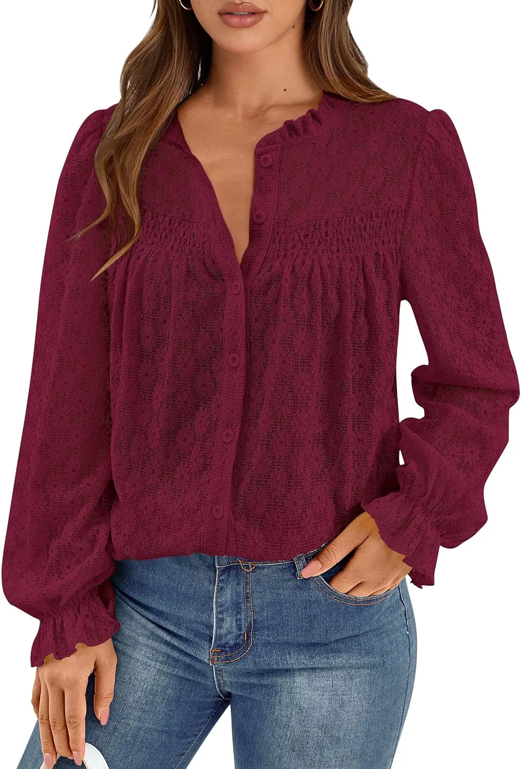 PRETTYGARDEN Lace Long Sleeve Tops for Women Eyelet Blouses Dressy Casual Hollow Out Button Down Shirts Spring Fashion 2025