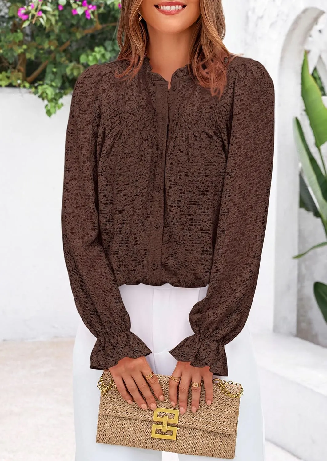 PRETTYGARDEN Lace Long Sleeve Tops for Women Eyelet Blouses Dressy Casual Hollow Out Button Down Shirts Spring Fashion 2025