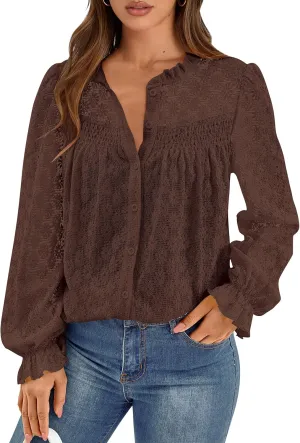 PRETTYGARDEN Lace Long Sleeve Tops for Women Eyelet Blouses Dressy Casual Hollow Out Button Down Shirts Spring Fashion 2025