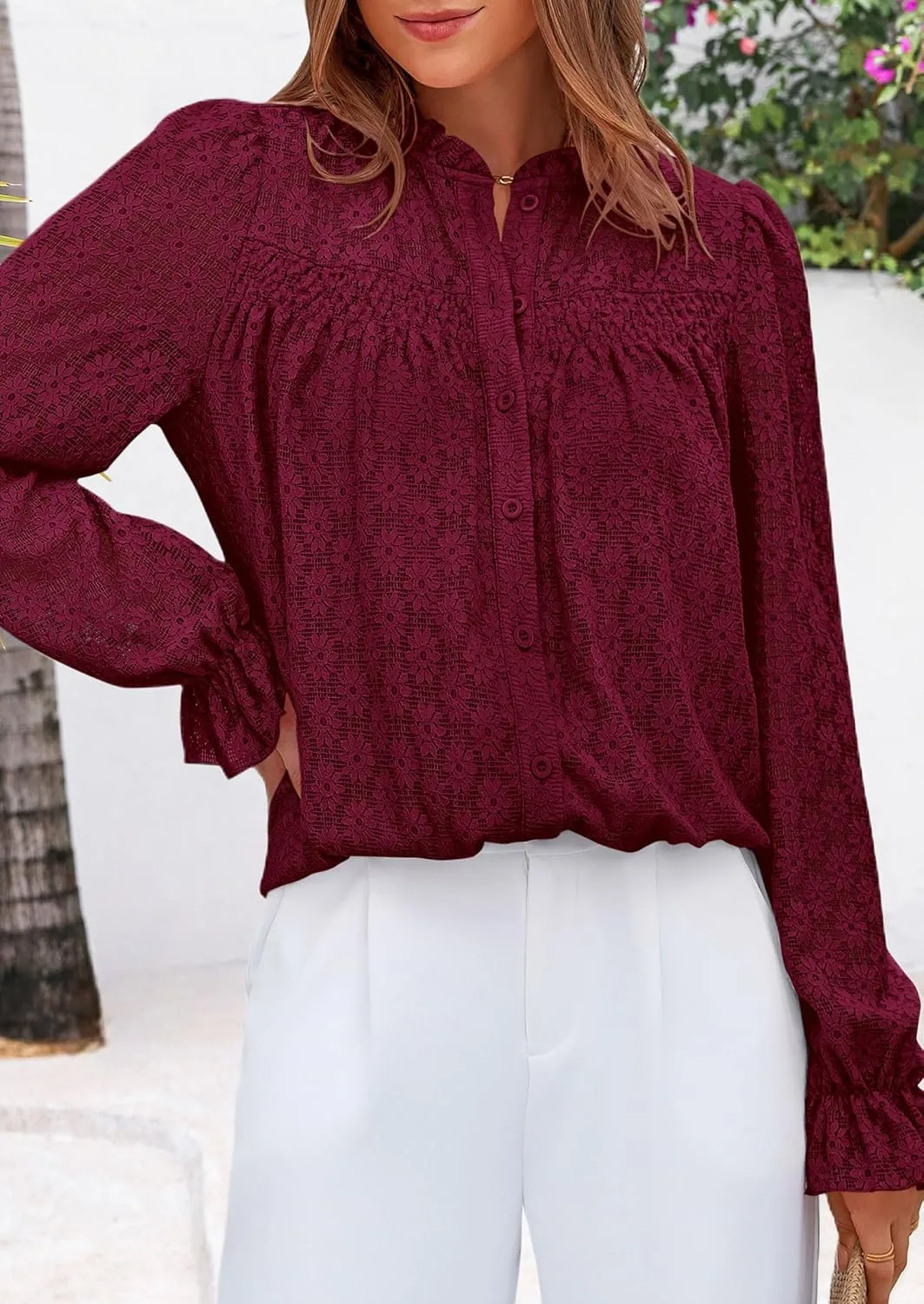 PRETTYGARDEN Lace Long Sleeve Tops for Women Eyelet Blouses Dressy Casual Hollow Out Button Down Shirts Spring Fashion 2025