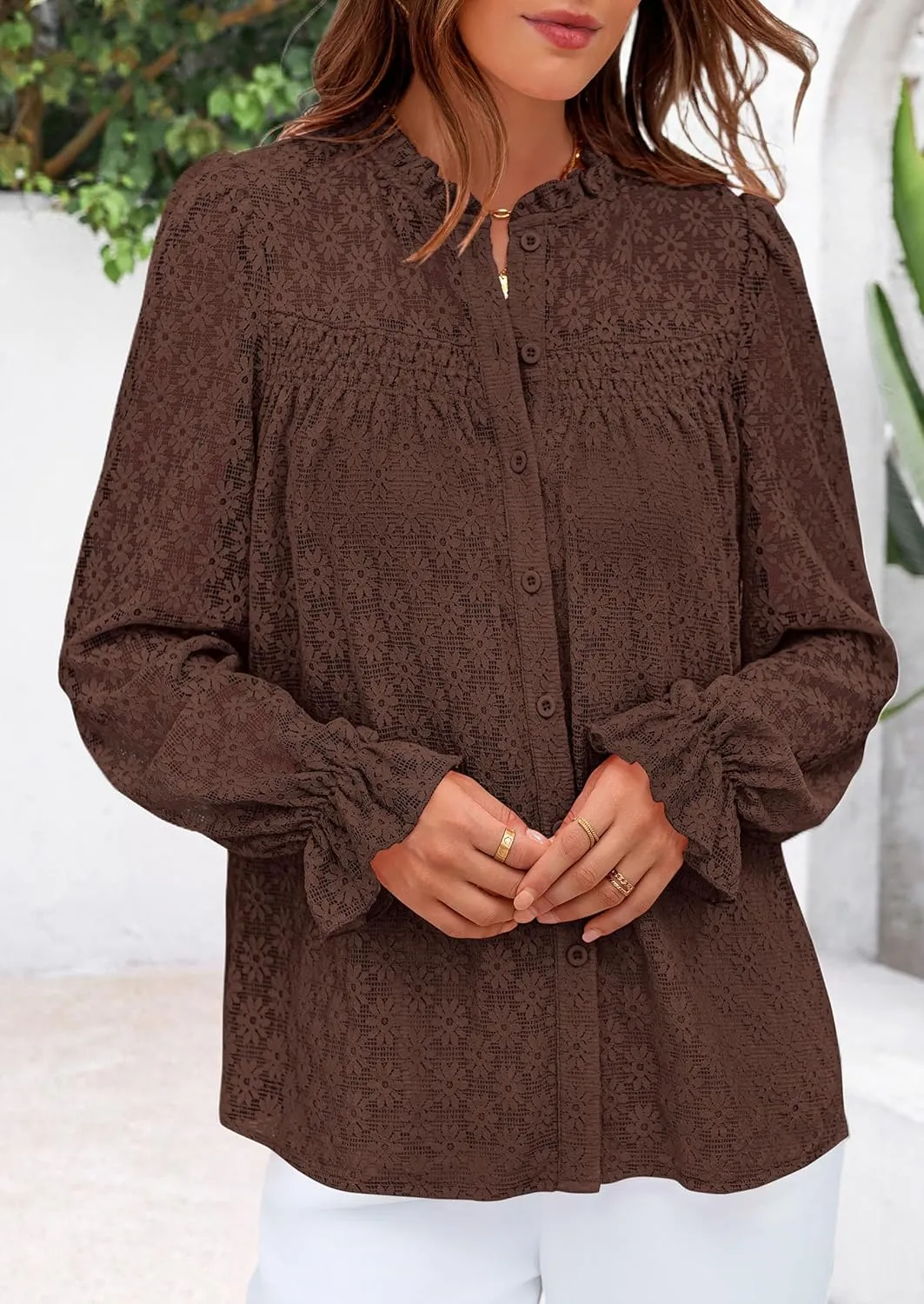 PRETTYGARDEN Lace Long Sleeve Tops for Women Eyelet Blouses Dressy Casual Hollow Out Button Down Shirts Spring Fashion 2025