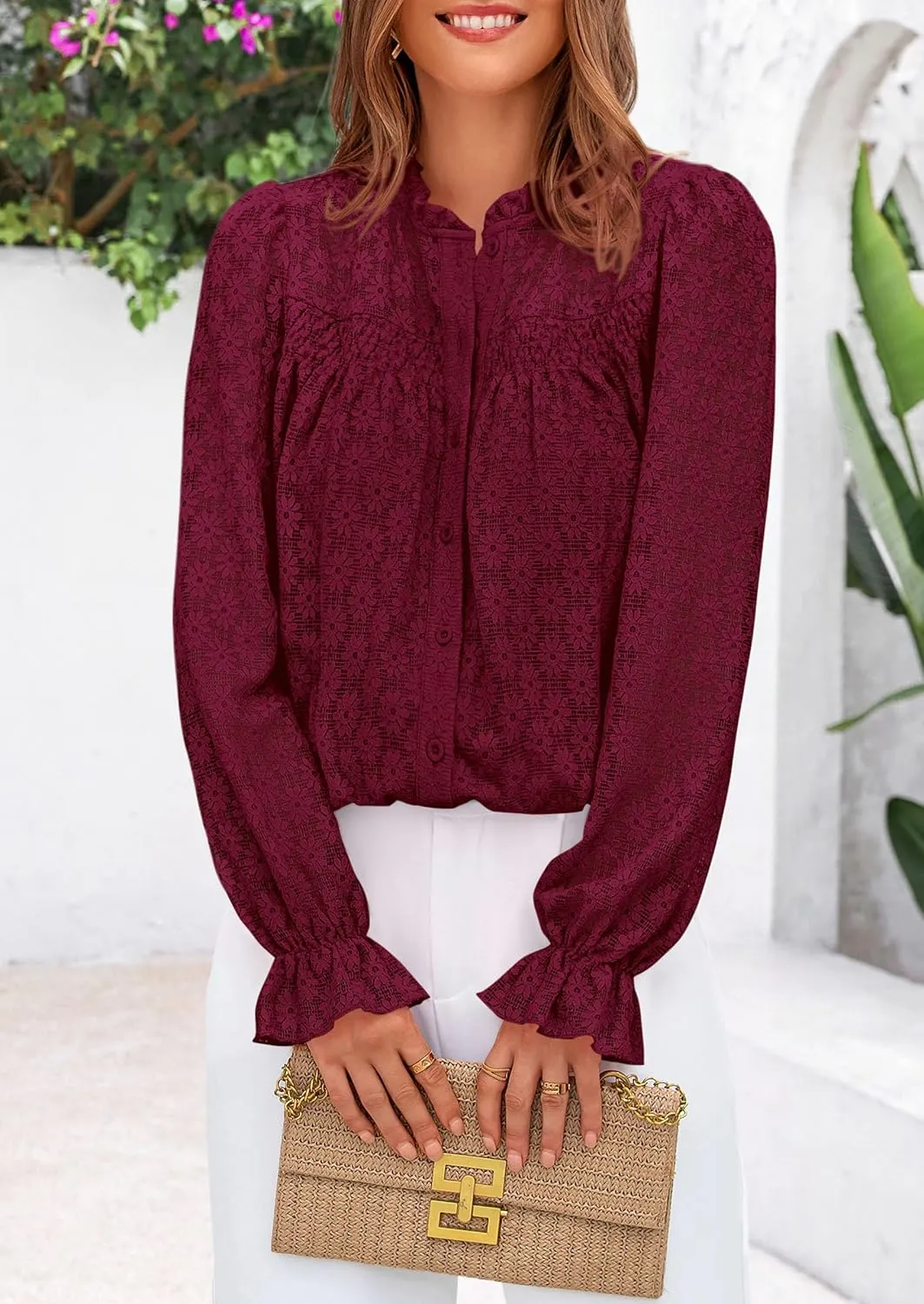 PRETTYGARDEN Lace Long Sleeve Tops for Women Eyelet Blouses Dressy Casual Hollow Out Button Down Shirts Spring Fashion 2025