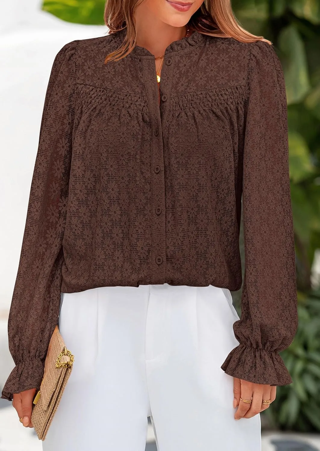 PRETTYGARDEN Lace Long Sleeve Tops for Women Eyelet Blouses Dressy Casual Hollow Out Button Down Shirts Spring Fashion 2025
