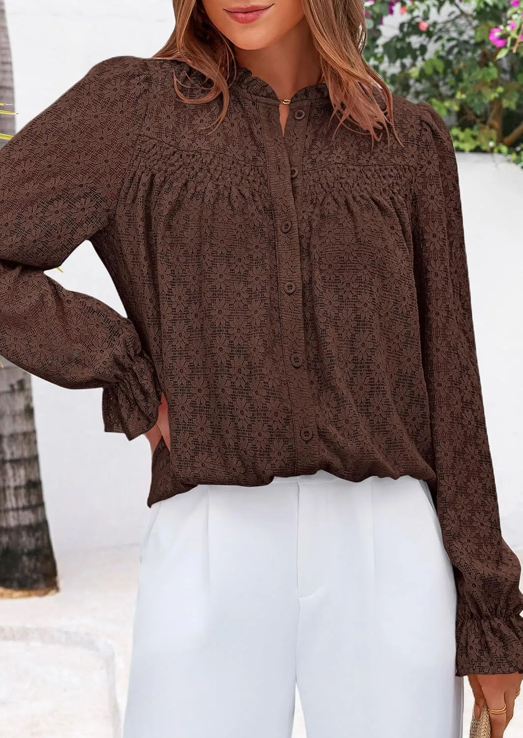 PRETTYGARDEN Lace Long Sleeve Tops for Women Eyelet Blouses Dressy Casual Hollow Out Button Down Shirts Spring Fashion 2025