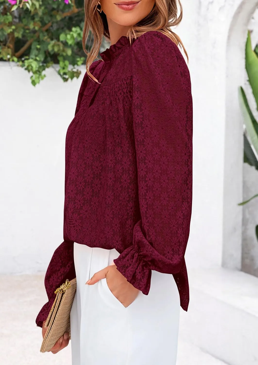PRETTYGARDEN Lace Long Sleeve Tops for Women Eyelet Blouses Dressy Casual Hollow Out Button Down Shirts Spring Fashion 2025