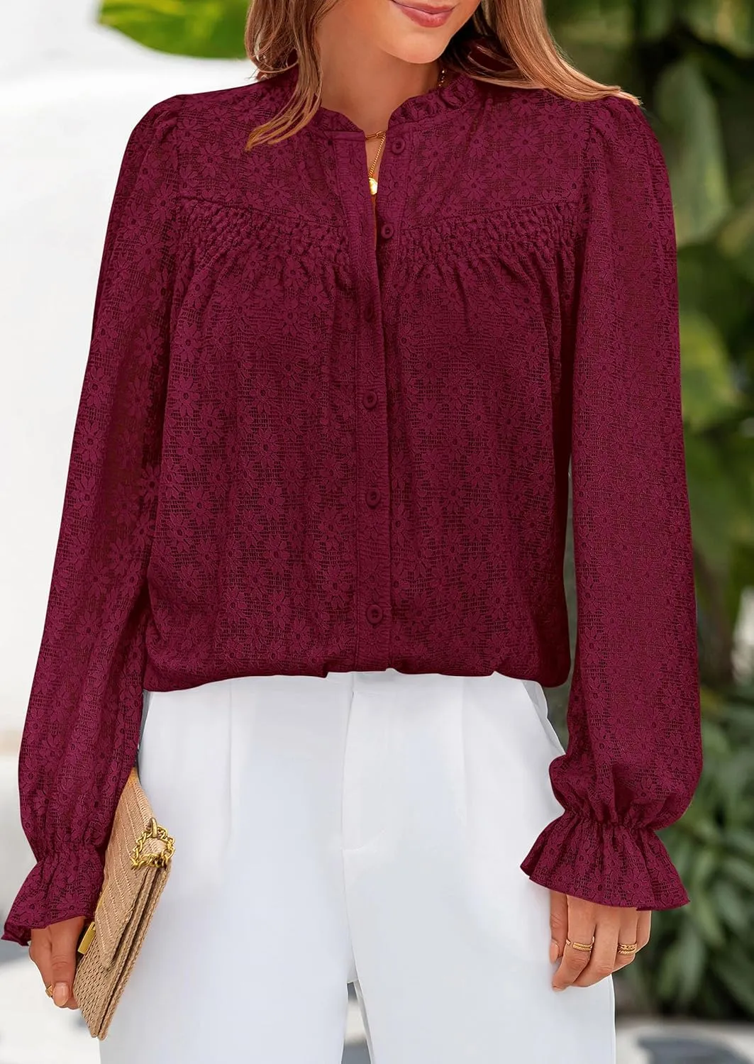 PRETTYGARDEN Lace Long Sleeve Tops for Women Eyelet Blouses Dressy Casual Hollow Out Button Down Shirts Spring Fashion 2025