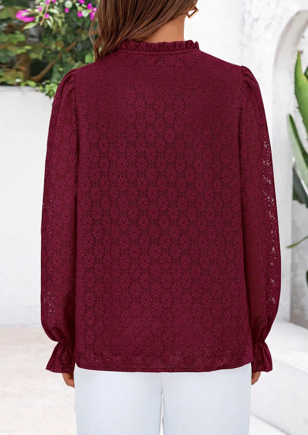 PRETTYGARDEN Lace Long Sleeve Tops for Women Eyelet Blouses Dressy Casual Hollow Out Button Down Shirts Spring Fashion 2025