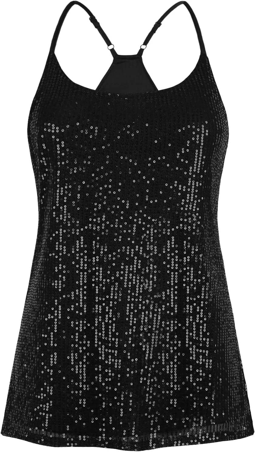 PrettyGuide Women's All Over Sequin Top Shimmer Strappy Camisole Sparkly Tank Tops Party Shirts