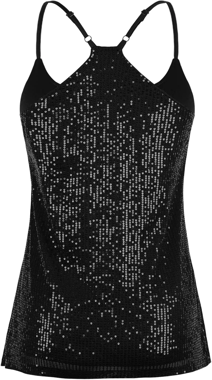 PrettyGuide Women's All Over Sequin Top Shimmer Strappy Camisole Sparkly Tank Tops Party Shirts