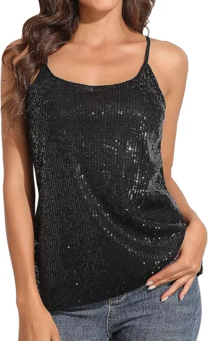PrettyGuide Women's All Over Sequin Top Shimmer Strappy Camisole Sparkly Tank Tops Party Shirts