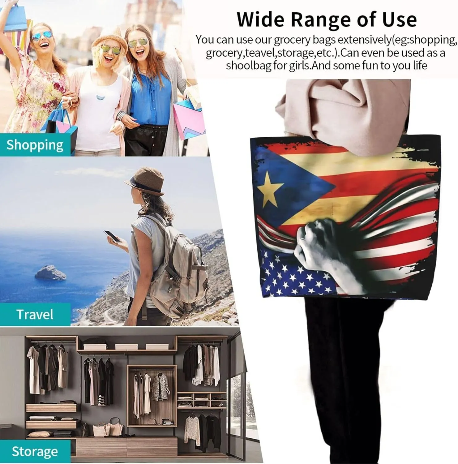 Puerto Rican American Flag Women's Tote Bag Large Capacity Single Shoulder Bags Handbag for Shopping Work