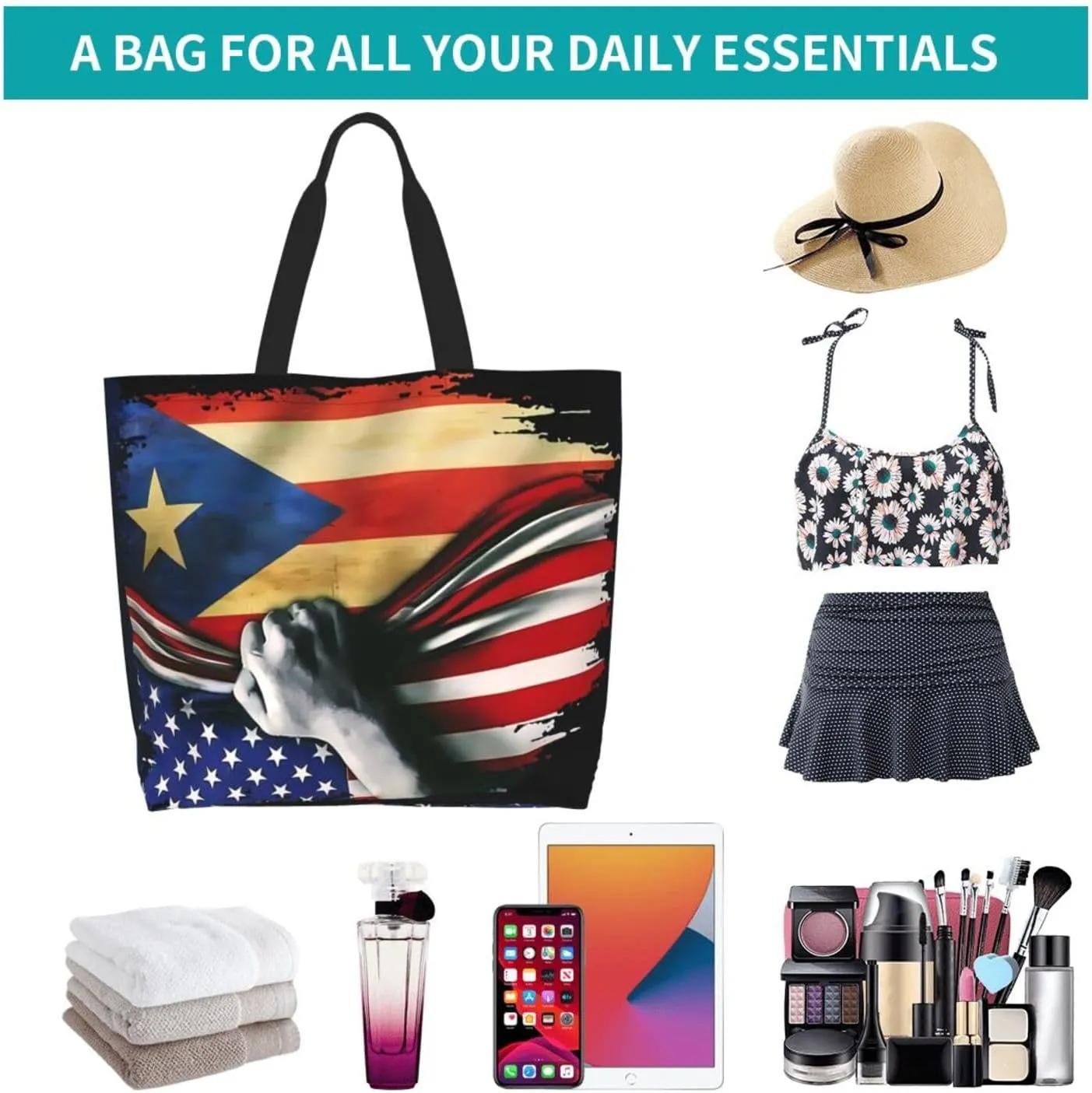 Puerto Rican American Flag Women's Tote Bag Large Capacity Single Shoulder Bags Handbag for Shopping Work