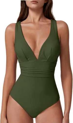 QINSEN Womens Sexy V Neck One Piece Bathing Suit Cross Back Swimsuit High Waist Monokini
