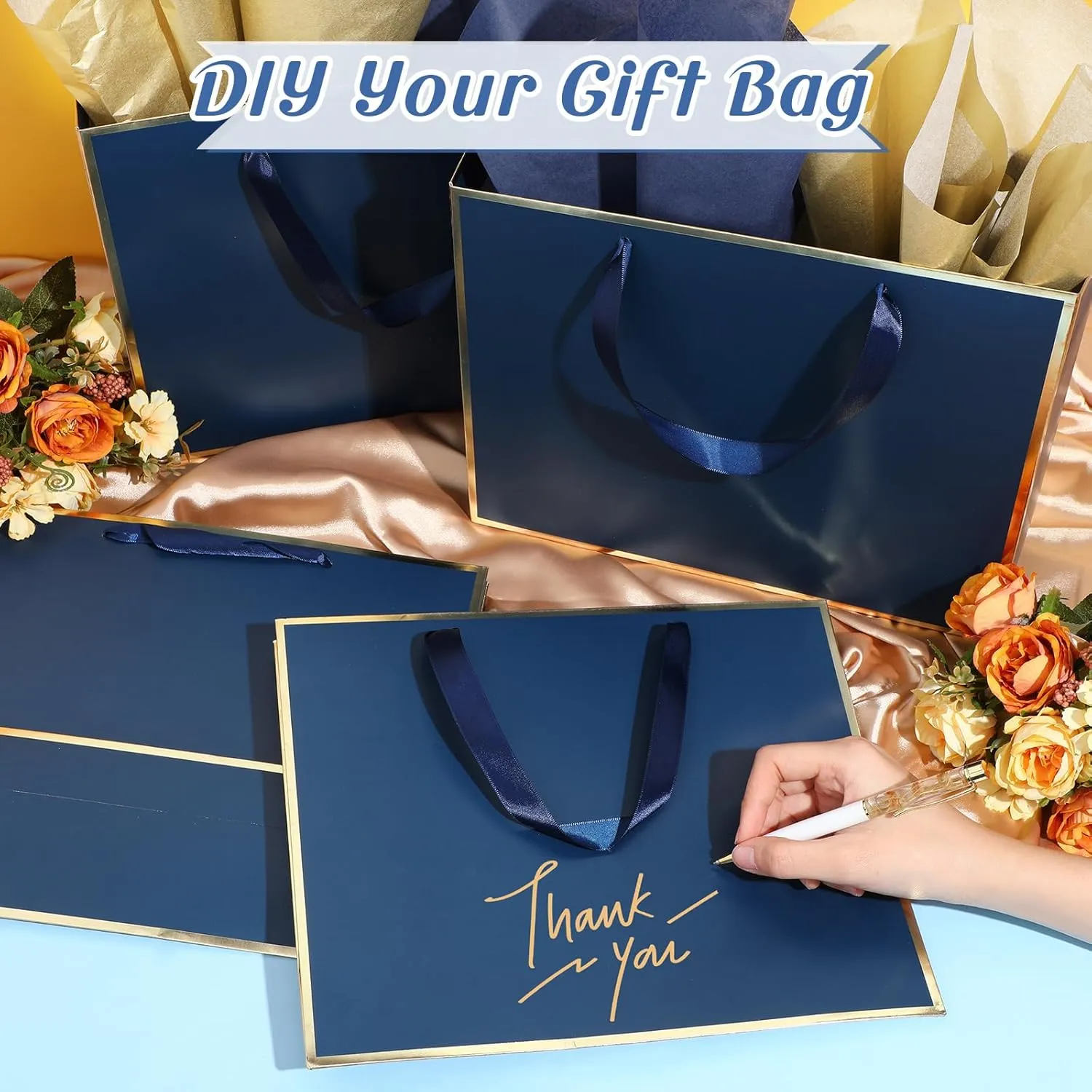ReliThick 12 Pack Metallic Paper Gift Bag with Handles and Tissue Paper 11.8 x 10 x 4'' Thank You Favor Bag for Father's Day Wedding Bridesmaid Groomsmen 5 Senses Birthday Gifts(Navy Blue, Gold)