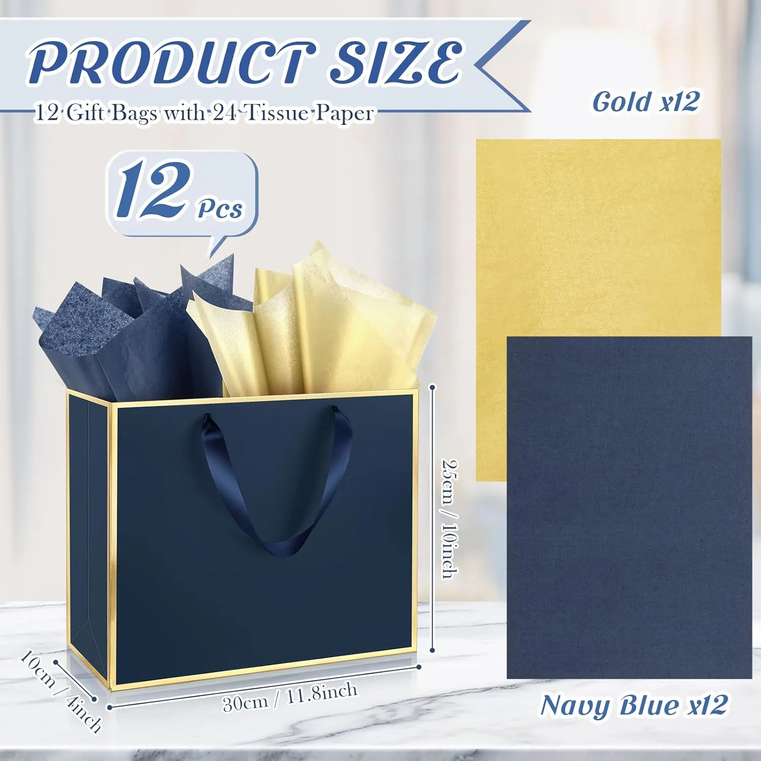ReliThick 12 Pack Metallic Paper Gift Bag with Handles and Tissue Paper 11.8 x 10 x 4'' Thank You Favor Bag for Father's Day Wedding Bridesmaid Groomsmen 5 Senses Birthday Gifts(Navy Blue, Gold)
