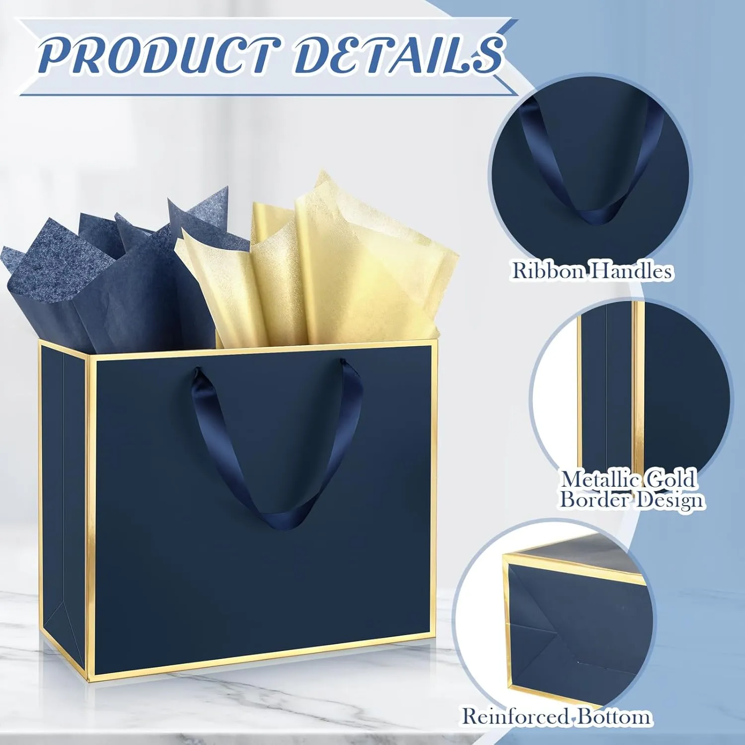 ReliThick 12 Pack Metallic Paper Gift Bag with Handles and Tissue Paper 11.8 x 10 x 4'' Thank You Favor Bag for Father's Day Wedding Bridesmaid Groomsmen 5 Senses Birthday Gifts(Navy Blue, Gold)
