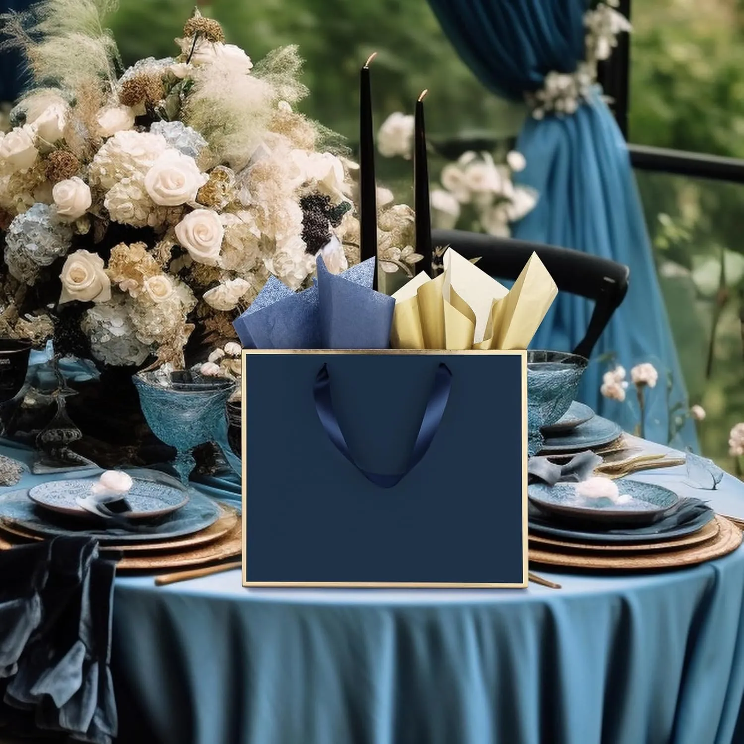 ReliThick 12 Pack Metallic Paper Gift Bag with Handles and Tissue Paper 11.8 x 10 x 4'' Thank You Favor Bag for Father's Day Wedding Bridesmaid Groomsmen 5 Senses Birthday Gifts(Navy Blue, Gold)