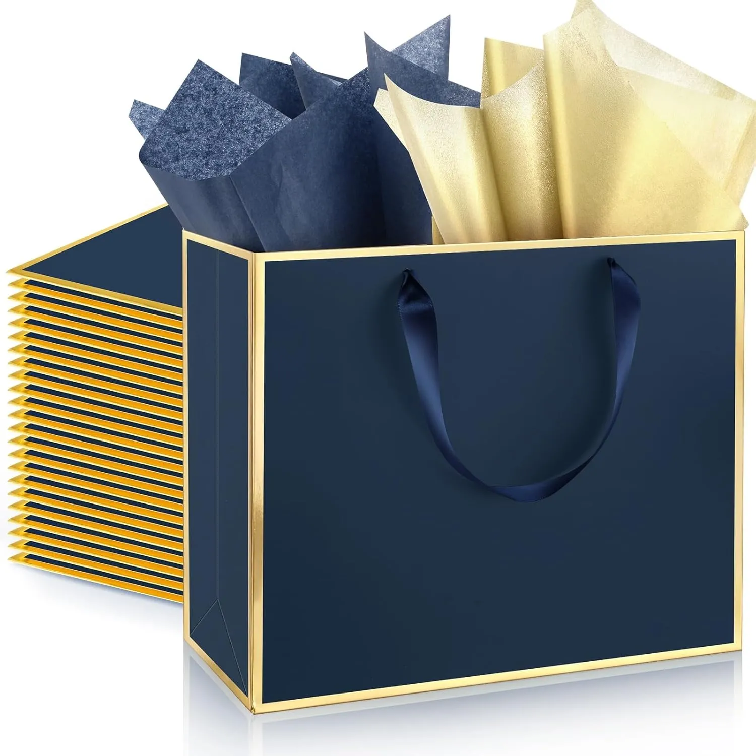 ReliThick 12 Pack Metallic Paper Gift Bag with Handles and Tissue Paper 11.8 x 10 x 4'' Thank You Favor Bag for Father's Day Wedding Bridesmaid Groomsmen 5 Senses Birthday Gifts(Navy Blue, Gold)
