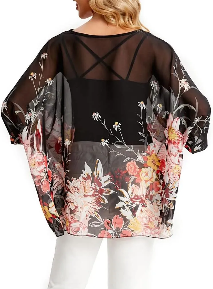 Rokou Women Chiffon Blouse Floral Batwing Sleeve Beach Cover Loose Tunic Shirt Tops