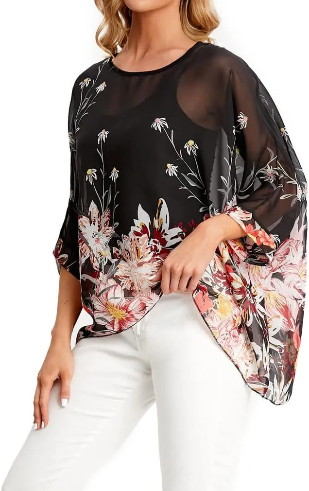 Rokou Women Chiffon Blouse Floral Batwing Sleeve Beach Cover Loose Tunic Shirt Tops