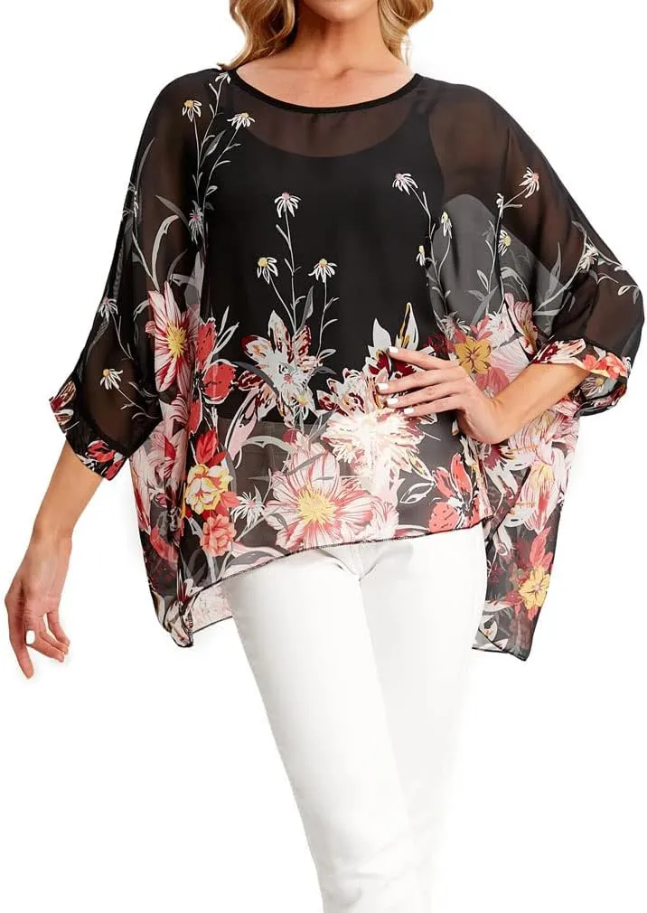Rokou Women Chiffon Blouse Floral Batwing Sleeve Beach Cover Loose Tunic Shirt Tops