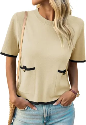 Saodimallsu Womens Short Sleeve Sweater Color Block Crew Neck Summer Crop Tops Loose Casual Knit Shirts with Pockets