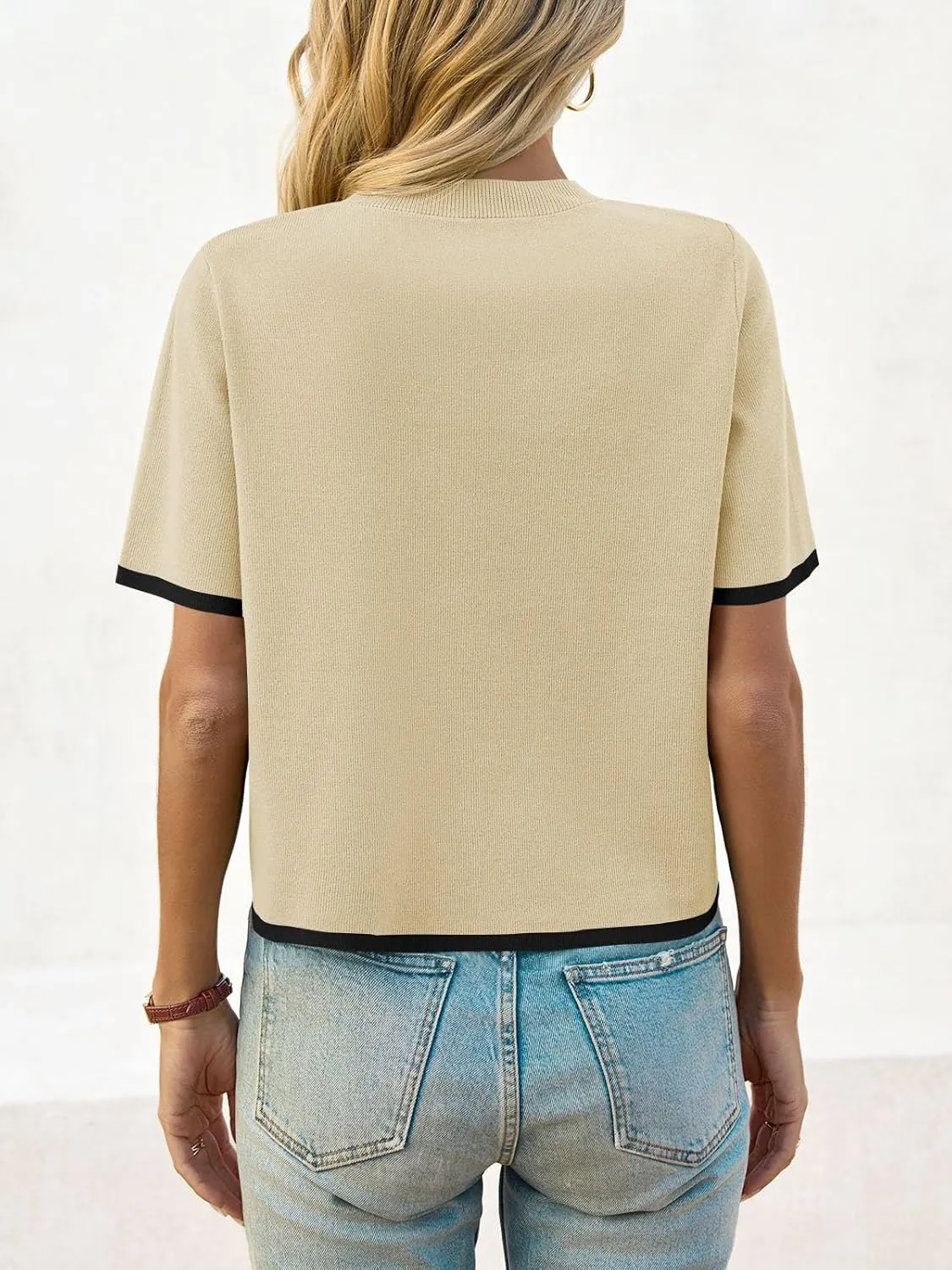 Saodimallsu Womens Short Sleeve Sweater Color Block Crew Neck Summer Crop Tops Loose Casual Knit Shirts with Pockets