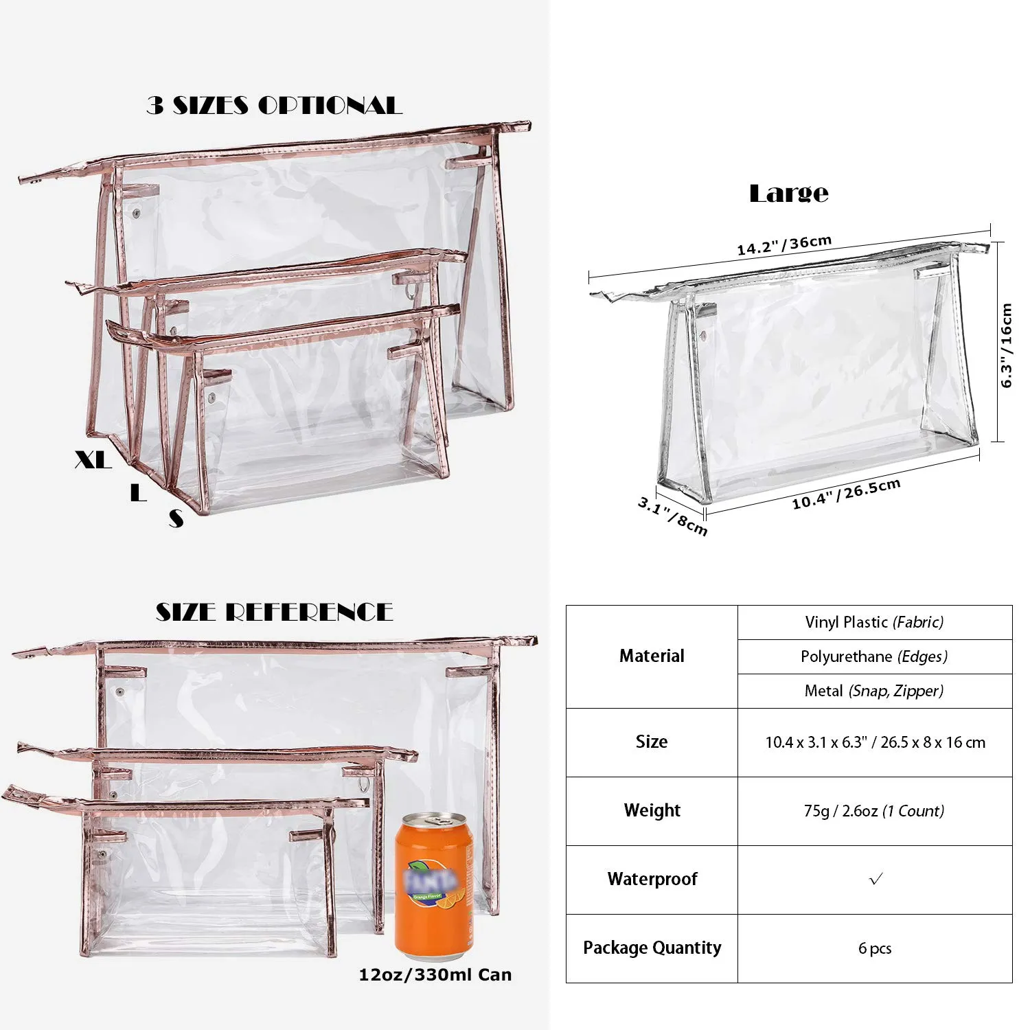 Sea Team 6-Pack Transparent Waterproof Cosmetic Bags with Zipper, Clear Vinyl Plastic Makeup Bags, Portable Travel Toiletry Pouch, Organizer, Pencil Case (Colorful, Large/10.4")