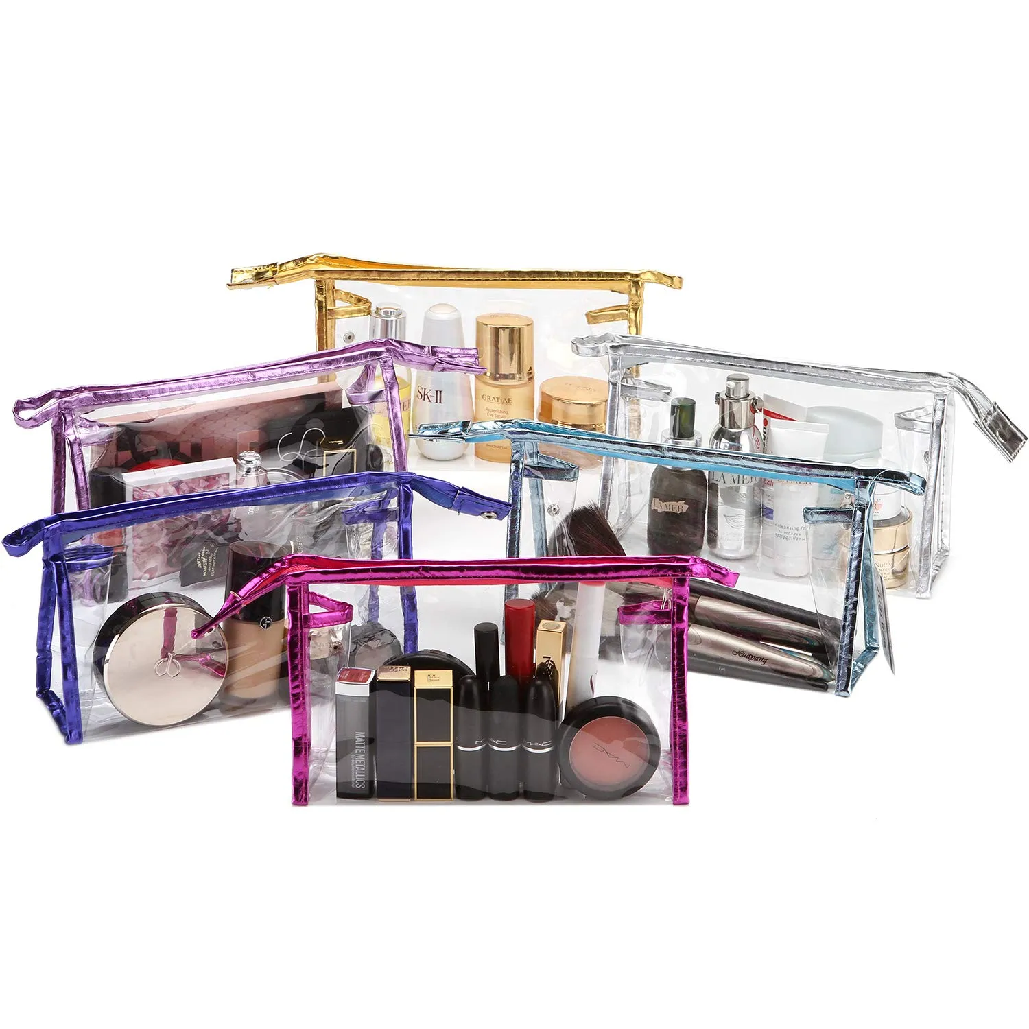 Sea Team 6-Pack Transparent Waterproof Cosmetic Bags with Zipper, Clear Vinyl Plastic Makeup Bags, Portable Travel Toiletry Pouch, Organizer, Pencil Case (Colorful, Large/10.4")