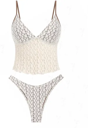 seamoly Lace Jacquard Bowknot Decor Ruffles Tankini Set