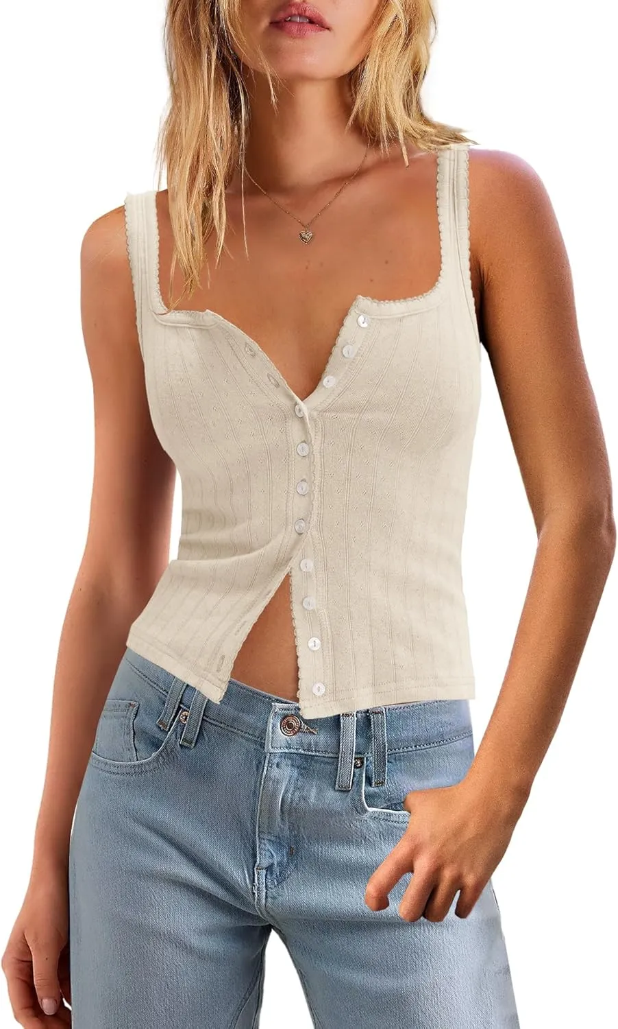 SENSERISE Womens Camisole Tank Tops Going Out Top Sleeveless Ribbed Button Shirts Tight Basic Summer Outfits
