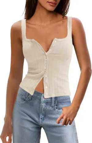 SENSERISE Womens Camisole Tank Tops Going Out Top Sleeveless Ribbed Button Shirts Tight Basic Summer Outfits