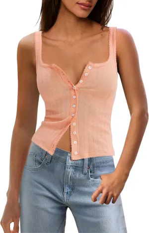 SENSERISE Womens Camisole Tank Tops Going Out Top Sleeveless Ribbed Button Shirts Tight Basic Summer Outfits