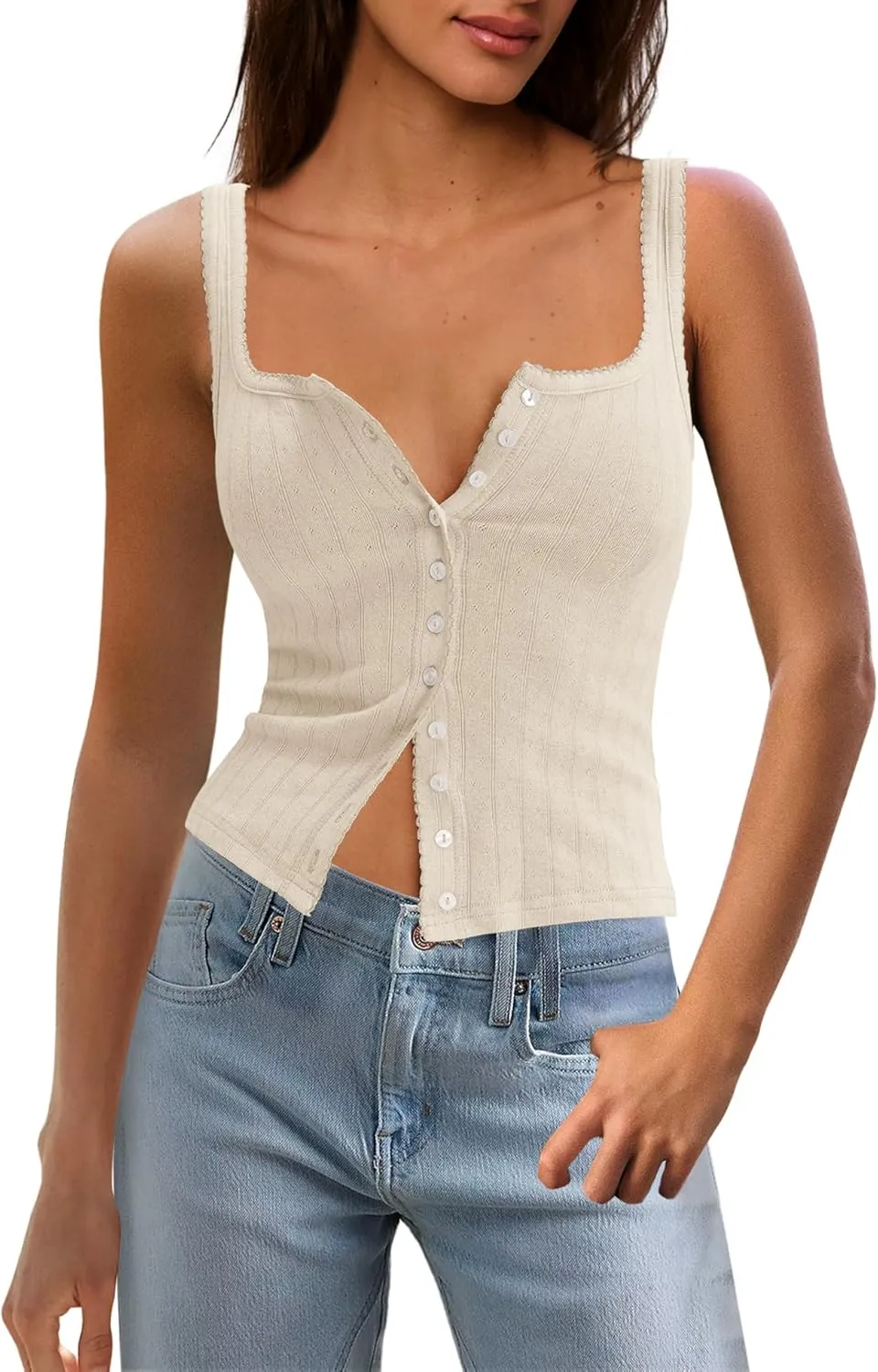 SENSERISE Womens Camisole Tank Tops Going Out Top Sleeveless Ribbed Button Shirts Tight Basic Summer Outfits