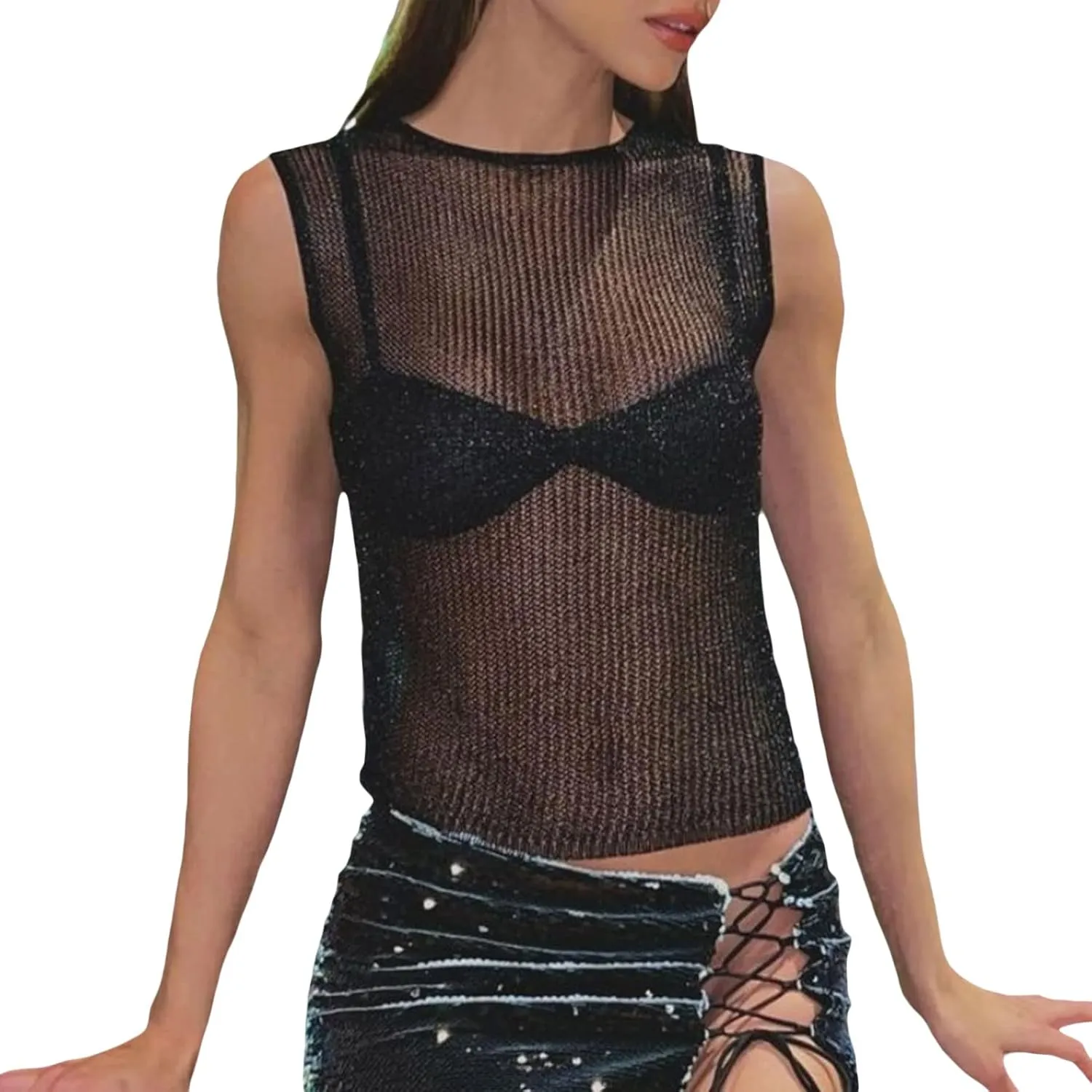 Sheer Mesh Tank Top for Women Sleeveless See Through Going Out Tops Summer Y2k Camisole Tops