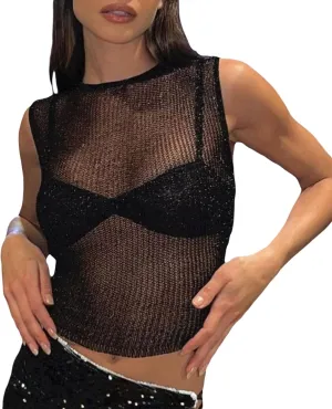 Sheer Mesh Tank Top for Women Sleeveless See Through Going Out Tops Summer Y2k Camisole Tops