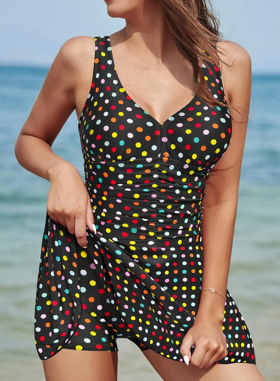 SHEKINI Women's Vintage V-Neck Ruched One Piece Swim Skirt Modest Tummy Control Swimdress Swimwear