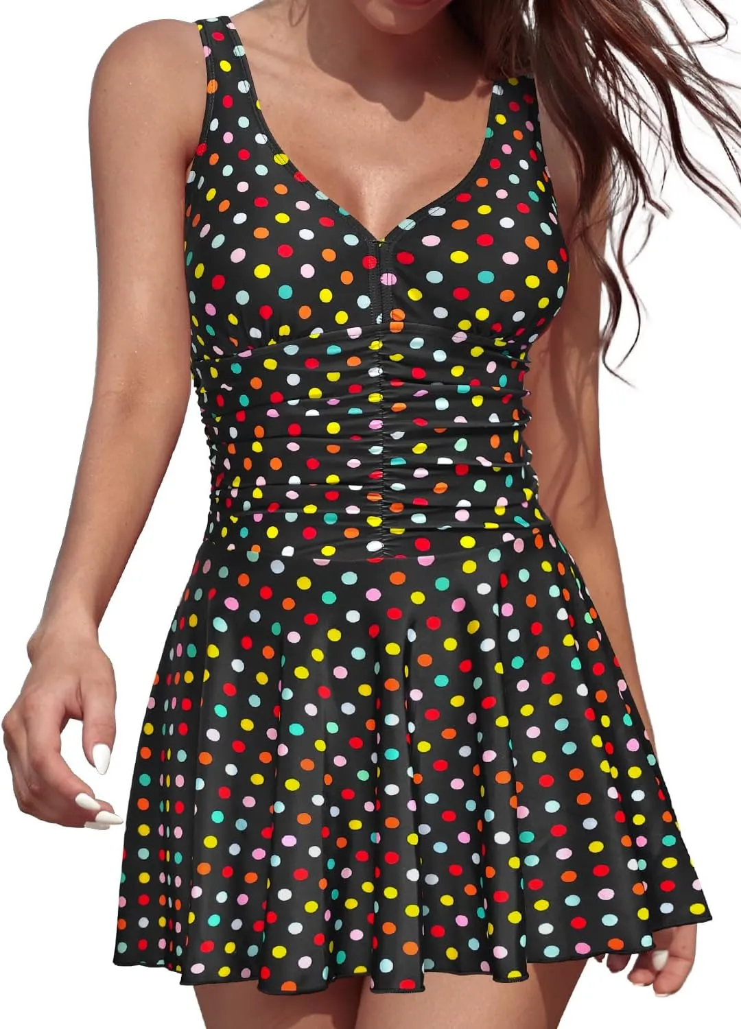 SHEKINI Women's Vintage V-Neck Ruched One Piece Swim Skirt Modest Tummy Control Swimdress Swimwear