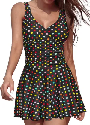 SHEKINI Women's Vintage V-Neck Ruched One Piece Swim Skirt Modest Tummy Control Swimdress Swimwear