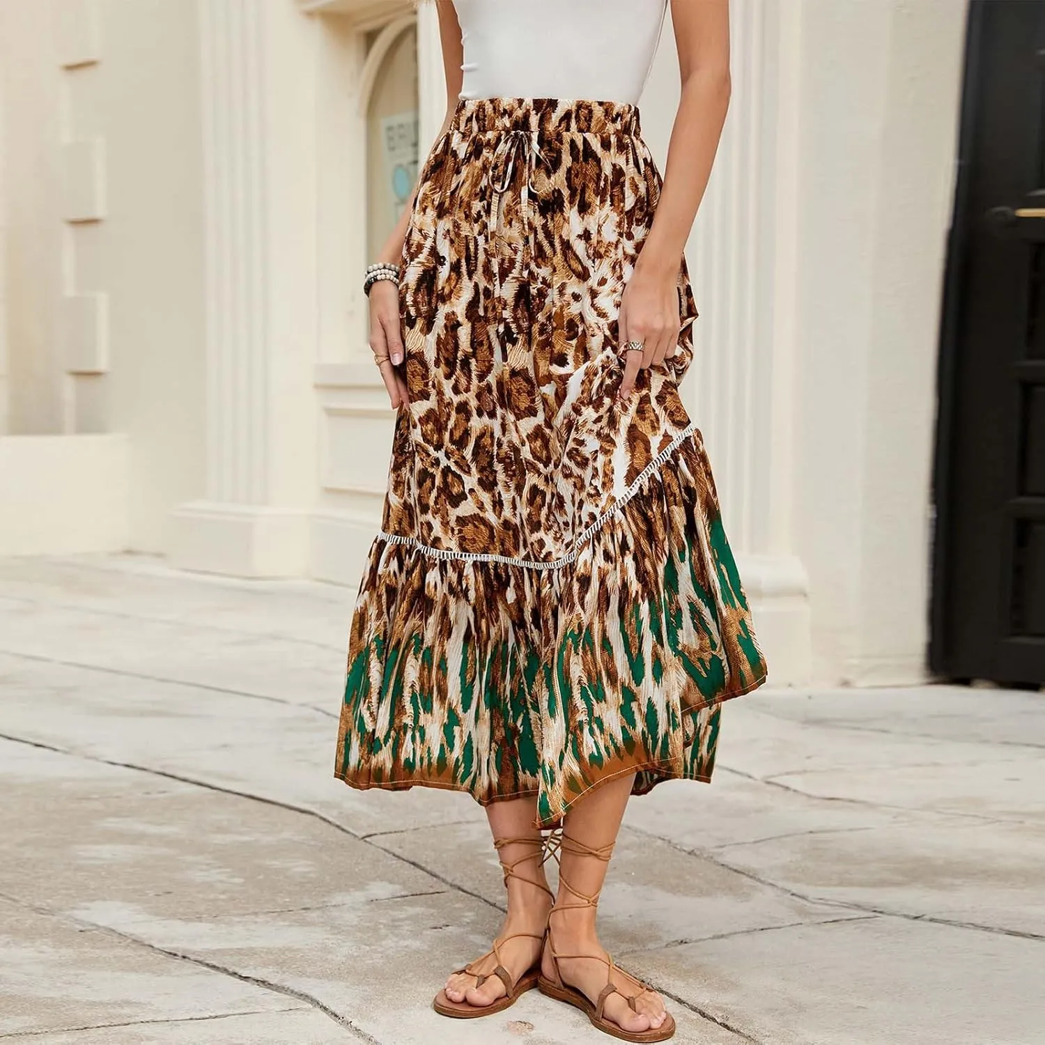 Skirts for Women Boho High Waisted Flowy Drawstring Ruched Casual Skirt Elastic Waist Elegant Patchwork Beach Skorts