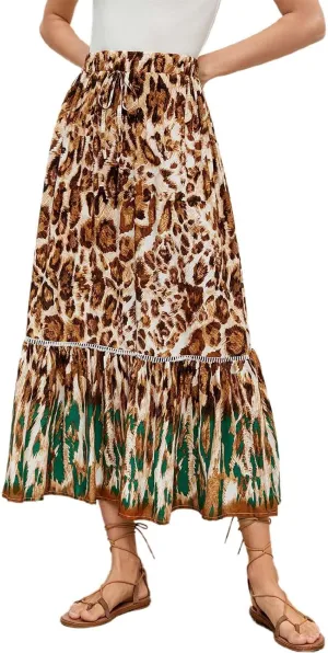Skirts for Women Boho High Waisted Flowy Drawstring Ruched Casual Skirt Elastic Waist Elegant Patchwork Beach Skorts