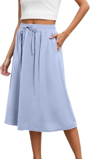 Skirts for Women Mid High Waisted Drawstring Casual Skirt Flowy Elastic Waist Baggy Elegant Trendy Skorts with Pockets