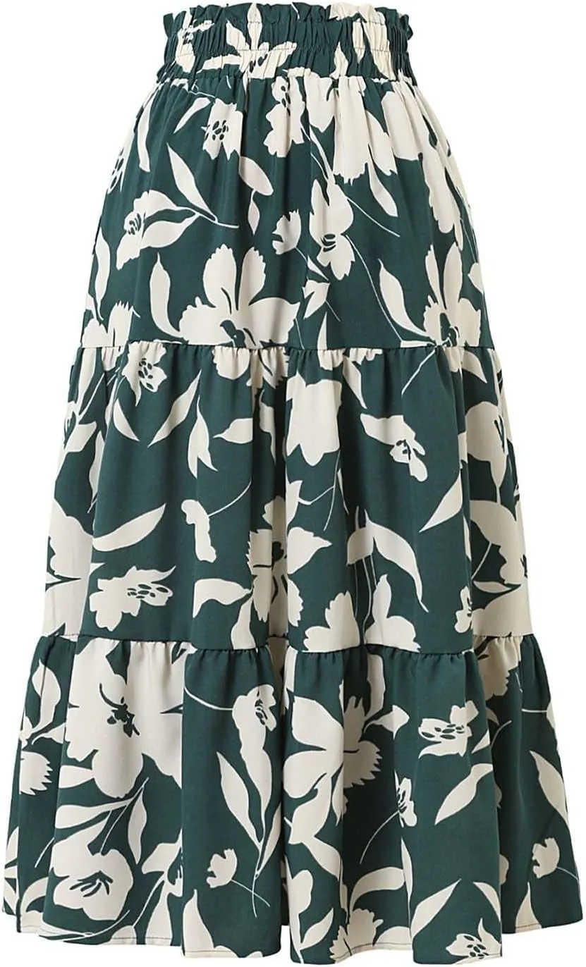Skirts for Women Trendy Bohemian Floral Print Pleated High Elastic Waist A-Line Knee Length Boha Skirts Streetwear