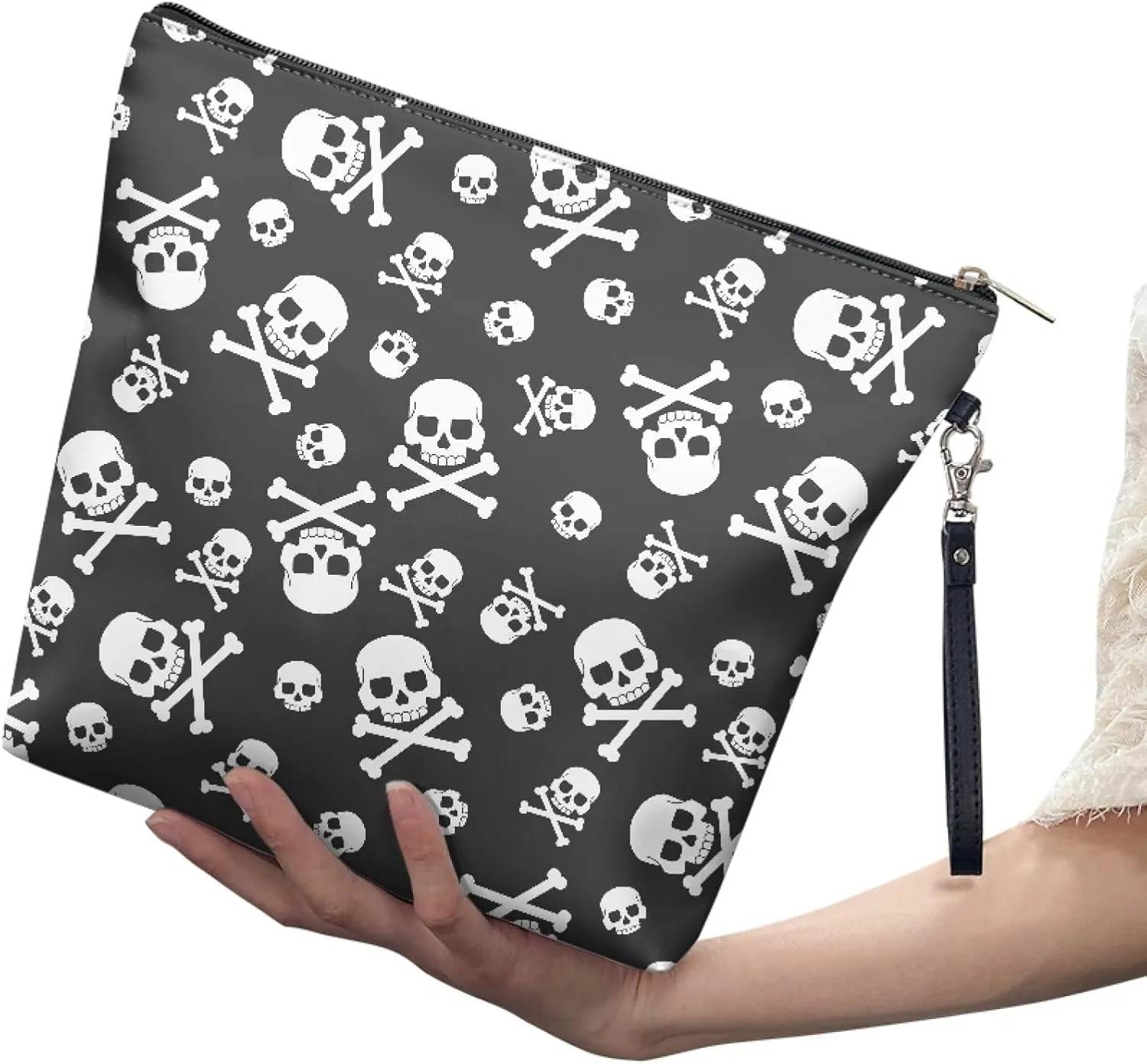 Skull Makeup Bag Crossbones Cosmetic Zipper Bag Large Travel Toiletry Bags Accessories Organizer Pouch for Women 11.8"x9.5"