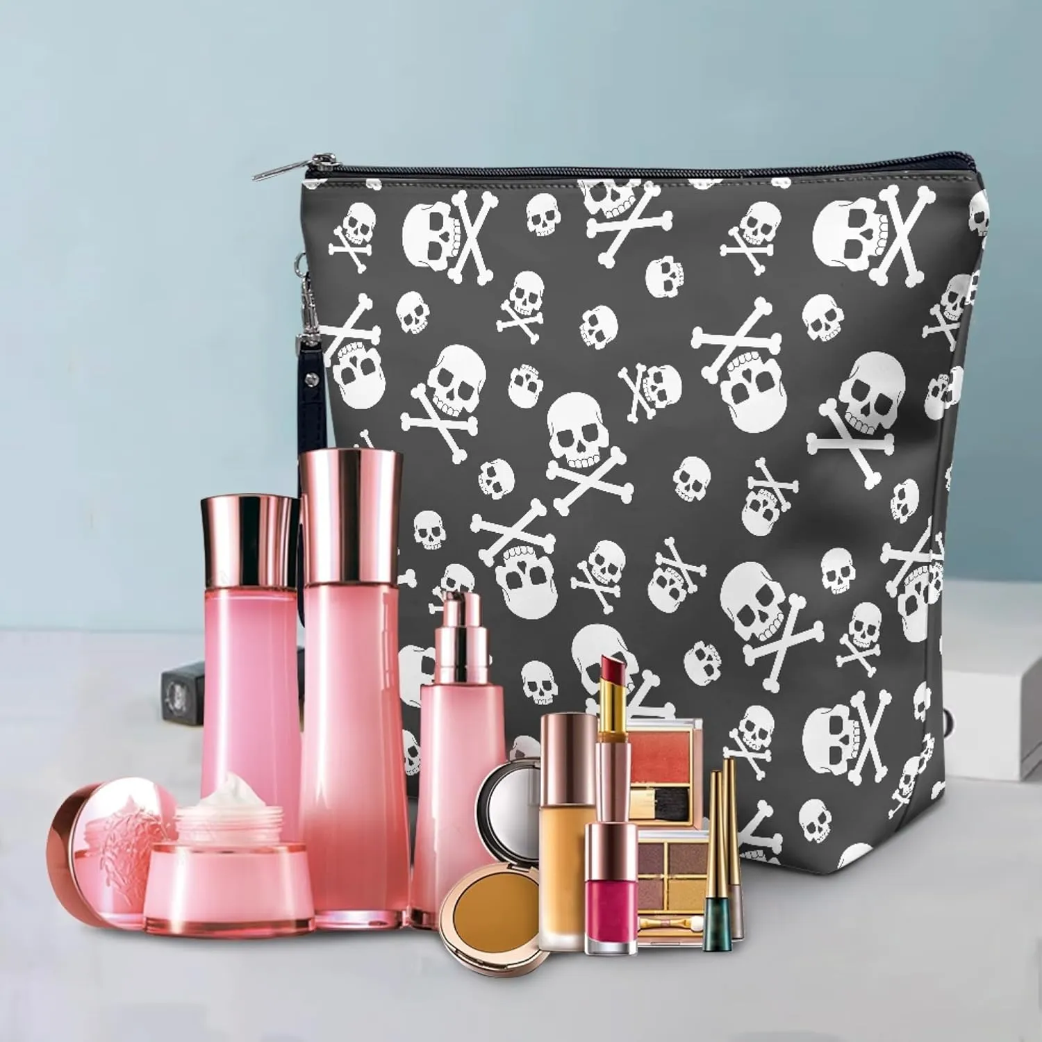 Skull Makeup Bag Crossbones Cosmetic Zipper Bag Large Travel Toiletry Bags Accessories Organizer Pouch for Women 11.8"x9.5"