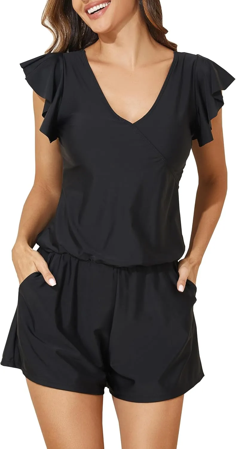 Smismivo Swim Romper with Built in Bra and Pockets Swim Dress Modest One Piece Swimsuit Full Coverage Bathing Suit